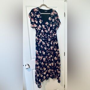 BloomChic Navy Floral Midi Dress with Pink and Cream Blooms